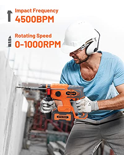 Heywork Cordless Rotary Hammer Drill, 4 Modes Variable Speed and Adjustable Handle, SDS-Plus Chuck Hammer Drill with 21V 2*4.0Ah Li-ion Battery and Charger, Electric Hammer Drill for Wall, Concrete.