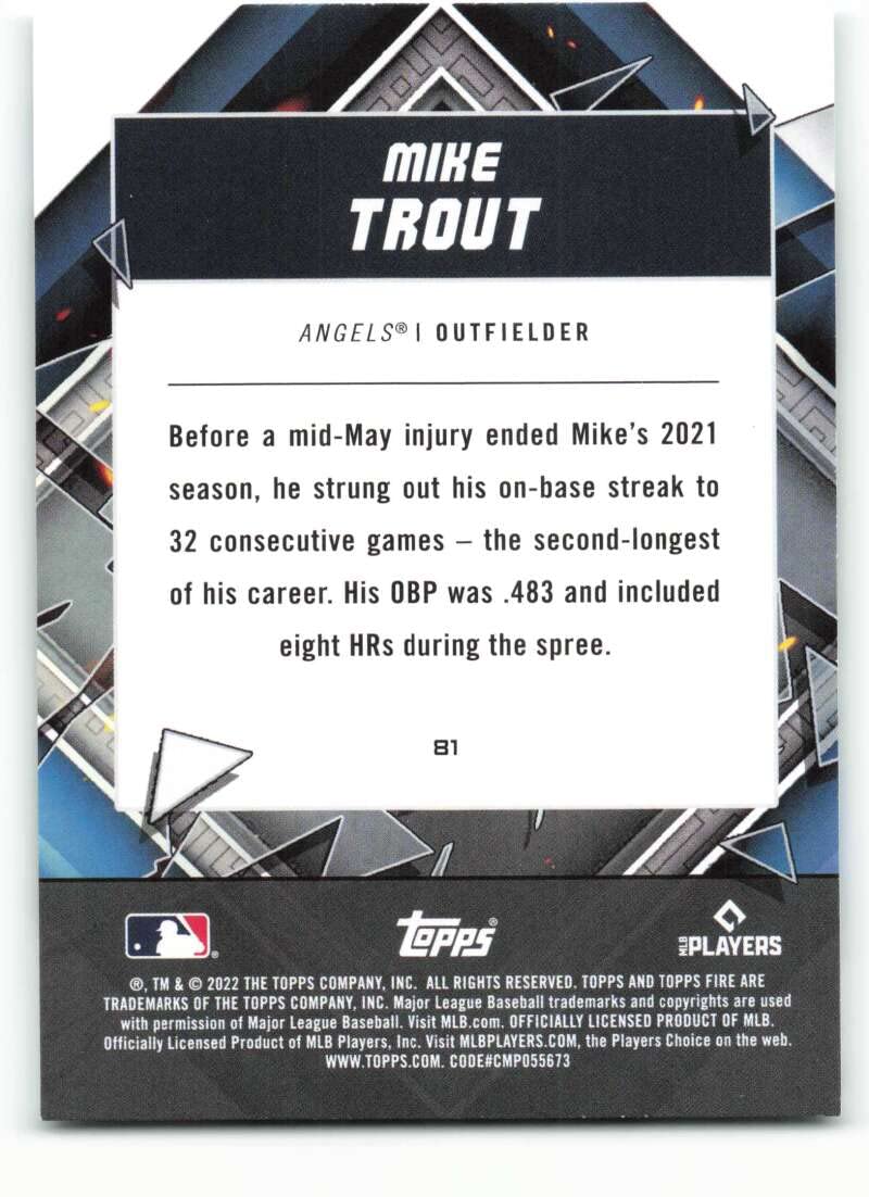 2022 Topps Fire #81 Mike Trout NM-MT Los Angeles Angels Baseball