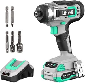 litheli cordless impact driver, 1150 in-lbs torque, 1/4″ quick-release hex chuck, with 20v 2.0 ah battery, 3 socket adapters, 2 driver bits
