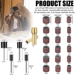 Shimeyao 890 Pieces Sanding Drum Set for Drum Sander 80 120 240 320 400 600 Grits Sanding Drums with 24 Pieces Drum Connecting rods 2 Pcs Self Tightening Drill Chuck