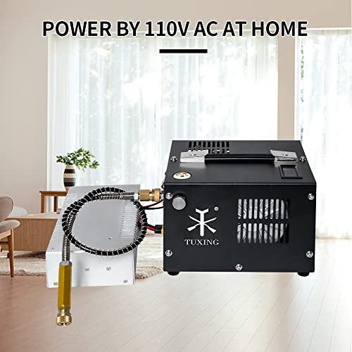 TUXING 4500Psi Portable Pcp Air Compressor,Small air compressor Powered by Car 12V or Home 110V AC,8MM Quick-Connector Compatible for pcp air gun with Water/Oil Separator