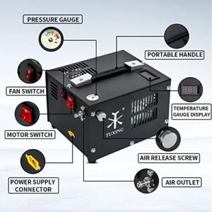 TUXING 4500Psi Portable Pcp Air Compressor,Small air compressor Powered by Car 12V or Home 110V AC,8MM Quick-Connector Compatible for pcp air gun with Water/Oil Separator