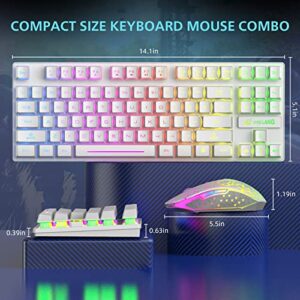 Wireless Gaming Keyboard and Mouse Combo,Rainbow Backlit 87 Keys Membrane Keyboard,2.4GHz Rechargeable 4000mAh Keyboard Mouse, Dual-Head USB&Type C Receiver for PC/Smart Phone/Laptop/Tablet/PS4(White)