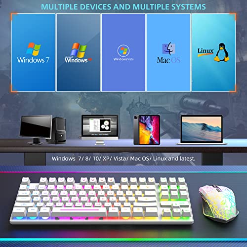 Wireless Gaming Keyboard and Mouse Combo,Rainbow Backlit 87 Keys Membrane Keyboard,2.4GHz Rechargeable 4000mAh Keyboard Mouse, Dual-Head USB&Type C Receiver for PC/Smart Phone/Laptop/Tablet/PS4(White)