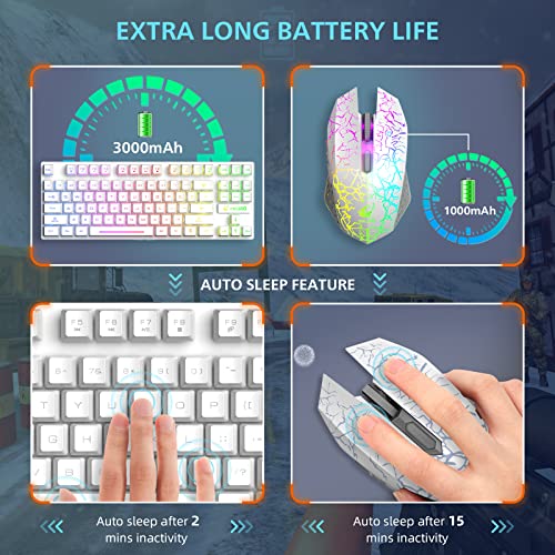 Wireless Gaming Keyboard and Mouse Combo,Rainbow Backlit 87 Keys Membrane Keyboard,2.4GHz Rechargeable 4000mAh Keyboard Mouse, Dual-Head USB&Type C Receiver for PC/Smart Phone/Laptop/Tablet/PS4(White)