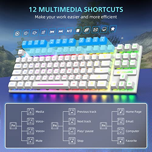 Wireless Gaming Keyboard and Mouse Combo,Rainbow Backlit 87 Keys Membrane Keyboard,2.4GHz Rechargeable 4000mAh Keyboard Mouse, Dual-Head USB&Type C Receiver for PC/Smart Phone/Laptop/Tablet/PS4(White)
