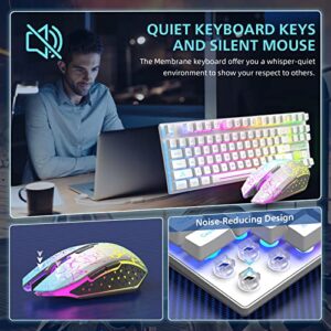 Wireless Gaming Keyboard and Mouse Combo,Rainbow Backlit 87 Keys Membrane Keyboard,2.4GHz Rechargeable 4000mAh Keyboard Mouse, Dual-Head USB&Type C Receiver for PC/Smart Phone/Laptop/Tablet/PS4(White)