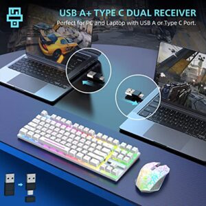 Wireless Gaming Keyboard and Mouse Combo,Rainbow Backlit 87 Keys Membrane Keyboard,2.4GHz Rechargeable 4000mAh Keyboard Mouse, Dual-Head USB&Type C Receiver for PC/Smart Phone/Laptop/Tablet/PS4(White)