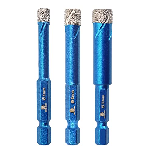 Diamond Drill Bit 6,8,10mm - BRSCHNITT 3pcs/Pack 1/4,5/16,1/2 Inch Diamond Hole Saw Drill Bit for Porcelain Tile Ceramic Stone Granite Marble,Hex Shank Dry Drilling Diamond Core Drill Bit Set