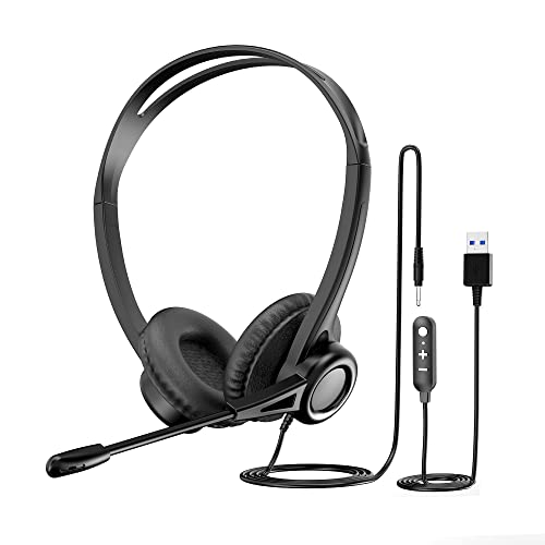 YBINYNA USB Headset with Microphone for PC, Noise Cancelling & Audio Controls Computer Headset 3.5mm Jack/USB Connection for Cell Phone/Call Center/Skype/Zoom/Webinar