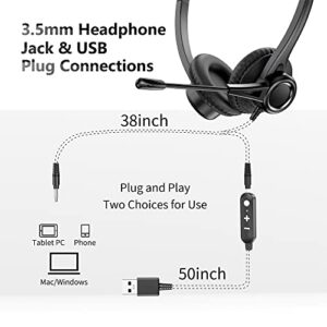 YBINYNA USB Headset with Microphone for PC, Noise Cancelling & Audio Controls Computer Headset 3.5mm Jack/USB Connection for Cell Phone/Call Center/Skype/Zoom/Webinar