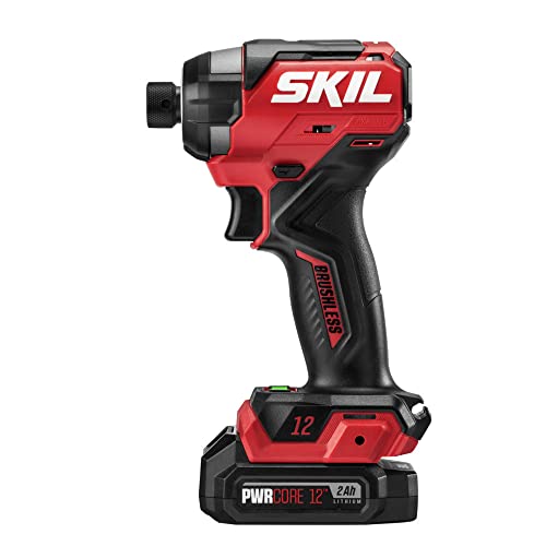 SKIL PWR CORE 12 Brushless 12V 1/4 In. Hex Compact Impact Driver Kit with 3-Speed & Halo Light & One-handed collet Includes 2.0Ah Lithium Batteries and PWR JUMP Charger -ID6744A-10