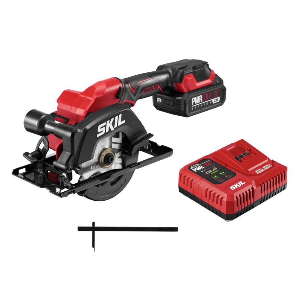 Skil PWRCORE 20 Brushless 20V 4-1/2 in. Compact Lightweight One-Hand Circular Saw Kit with Up to 6,000 RPM Includes 2.0Ah PWR CORE 20 Lithium Battery and Charger - CR5435B-10