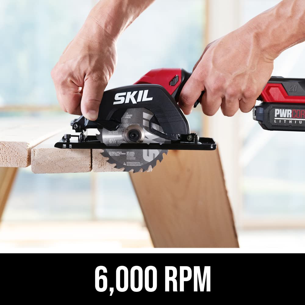 Skil PWRCORE 20 Brushless 20V 4-1/2 in. Compact Lightweight One-Hand Circular Saw Kit with Up to 6,000 RPM Includes 2.0Ah PWR CORE 20 Lithium Battery and Charger - CR5435B-10