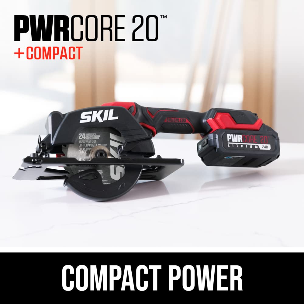 Skil PWRCORE 20 Brushless 20V 4-1/2 in. Compact Lightweight One-Hand Circular Saw Kit with Up to 6,000 RPM Includes 2.0Ah PWR CORE 20 Lithium Battery and Charger - CR5435B-10