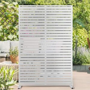 elevens free decorative privacy screen with stand, outdoor decor privacy fence screen metal fence panels, outdoor divider for garden patio backyard (white-stripes)