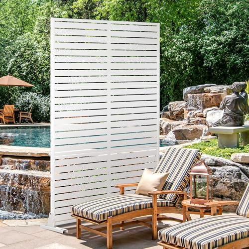 Elevens Free Decorative Privacy Screen with Stand, Outdoor Decor Privacy Fence Screen Metal Fence Panels, Outdoor Divider for Garden Patio Backyard (White-Stripes)