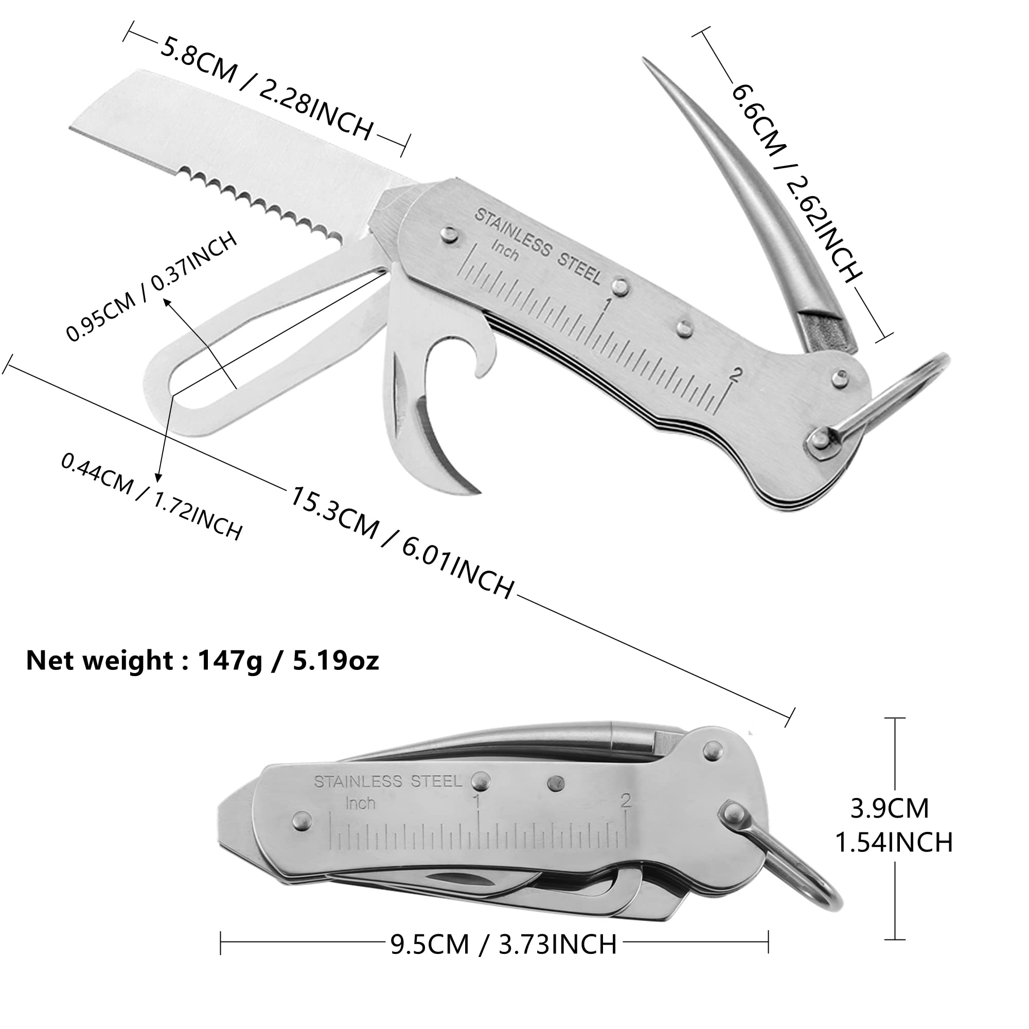 Sailor's Survival Knife Pocket Size EDC Multi Tool Swiss Army Skipper Emergency Rigging Tool with Can Opener, Screwdriver, Knife, Wire Stripper for Boating, Sailing, Fishing and Hunting