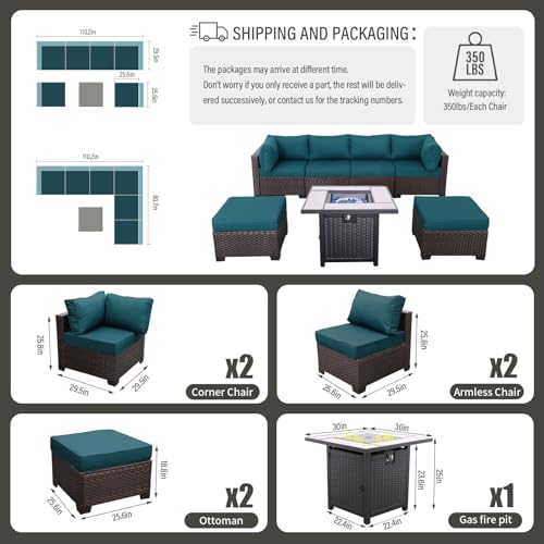 Outdoor Patio Dark Brown Rattan 7 Piece Sectional Furniture Set PE Wicker Conversation Sofa with Gas Fire Pit Square Steel Table and Non-Slip 5" Thick Peacock Blue Cushion