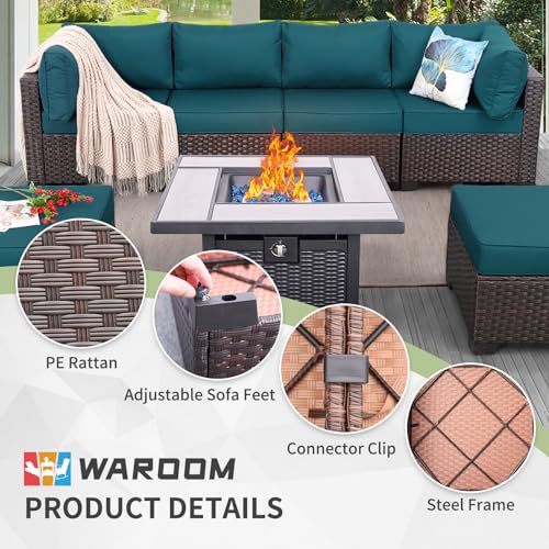Outdoor Patio Dark Brown Rattan 7 Piece Sectional Furniture Set PE Wicker Conversation Sofa with Gas Fire Pit Square Steel Table and Non-Slip 5" Thick Peacock Blue Cushion