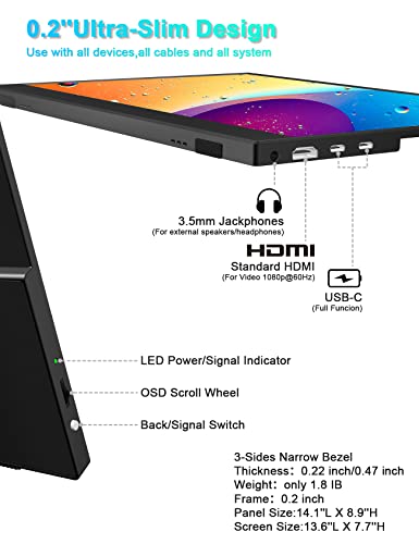 Portable Monitor, Usparkle 15.6inch 1080P FHD USB-C Travel Laptop Monitor, HDMI Computer Display HDR IPS Gaming Screen w/Smart Cover& Speakers, External Monitor for Laptop PC Mac Phone PS4 Xbox Switch