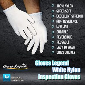 3 Pairs (12 Gloves) Gloves Legend White Inspection Gloves Nylon White Coin Jewelry Antiques Safety Working Gloves For Men - Size Large