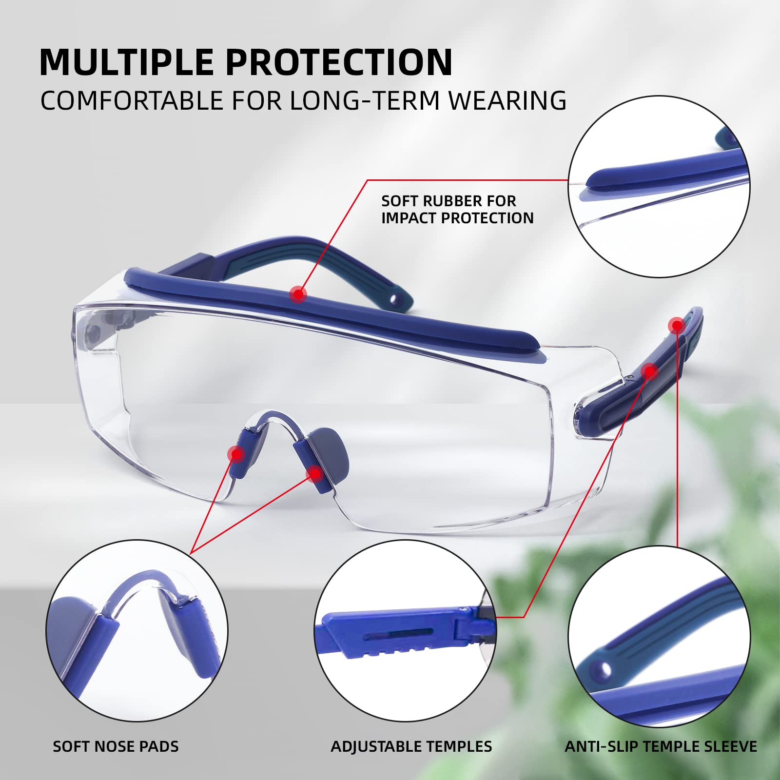Optical Care Safety Glasses Anti Fog Safety Goggles Over Glasses Protective Eyewear with Clear Wrap-around Lens, Adjustable, Impact Resistance and Anti-dust