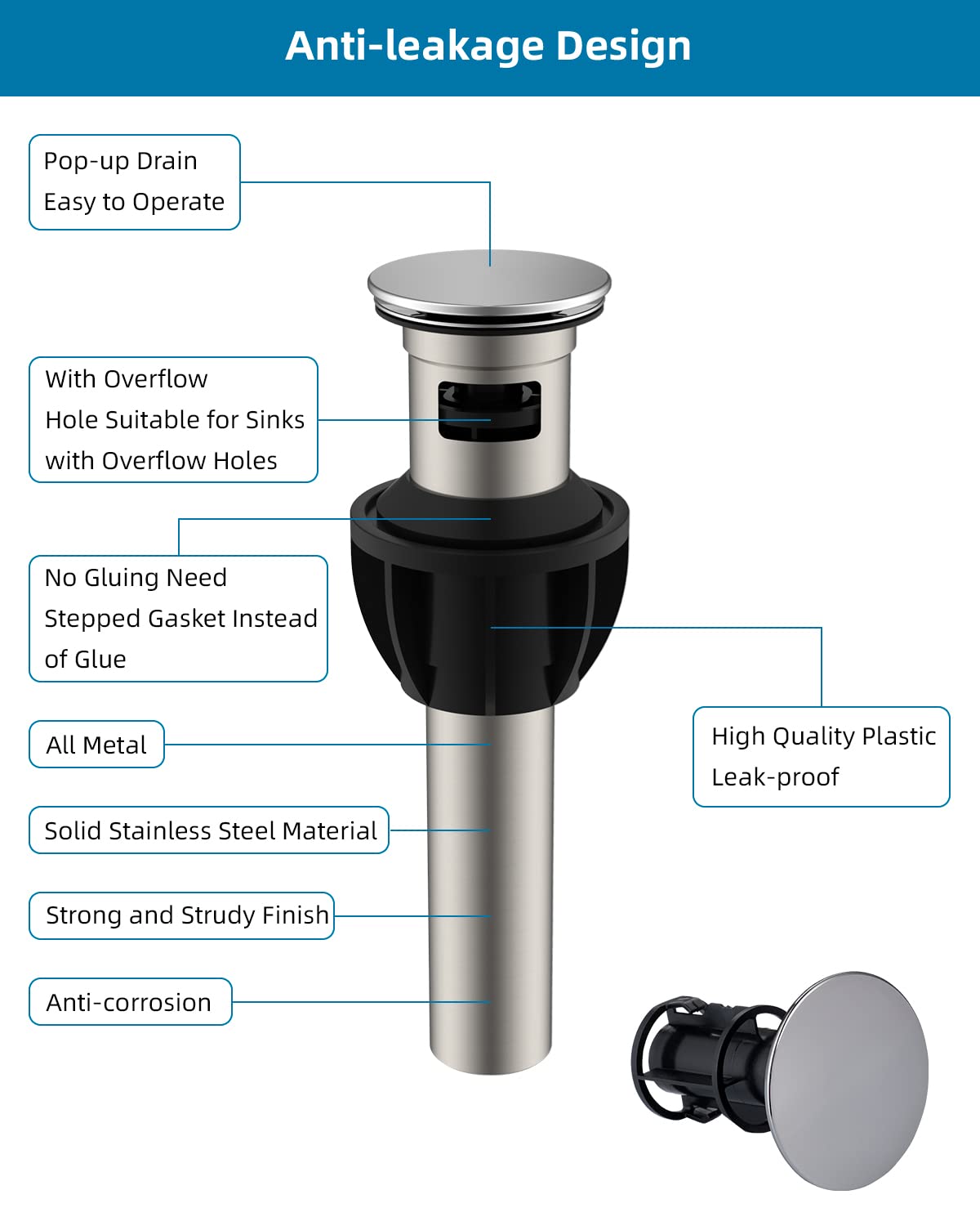 Hibbent 2 Pack Metal Bathroom Sink Drain with Overflow, Pop Up Drain with Detachable Stopper, Stainless Steel Vessel Lavatory Vanity Sink Drain Stopper, Anti-Clogging Drain Strainer, Chrome