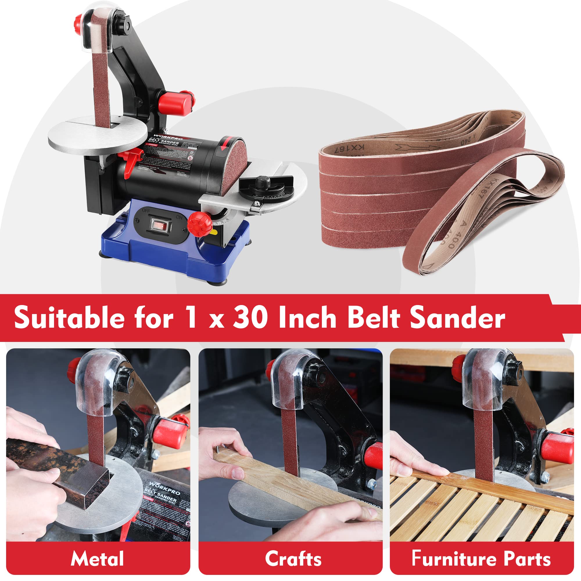 WORKPRO 36 Pack 1 x 30 Inch Sanding Belts, Sandpaper Kit, Aluminum Oxide Abrasive Belts, 6 PCS Each of 60/80/120/180/240/400 Grit, Belt Sander Tools for Woodworking, Metal Polishing, Knife Sharpening