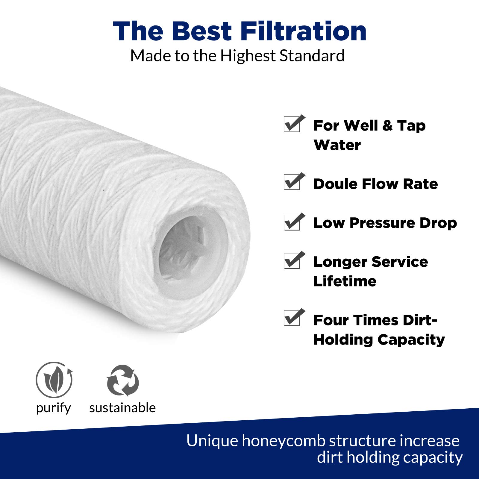 5 Micron String Wound & 20 Micron Pleated Sediment Water Filter Cartridge by Membrane Solutions, 10"x2.5", 10 Pack