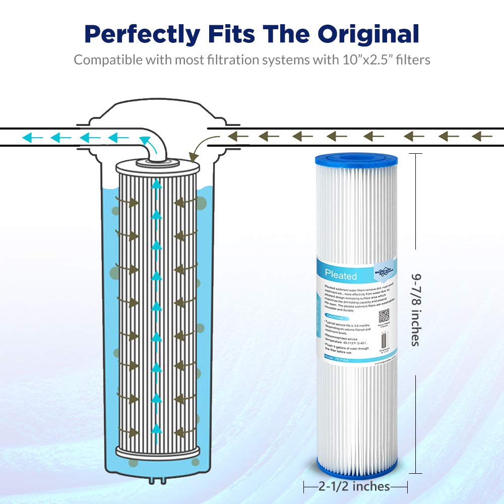 5 Micron String Wound & 20 Micron Pleated Sediment Water Filter Cartridge by Membrane Solutions, 10"x2.5", 10 Pack