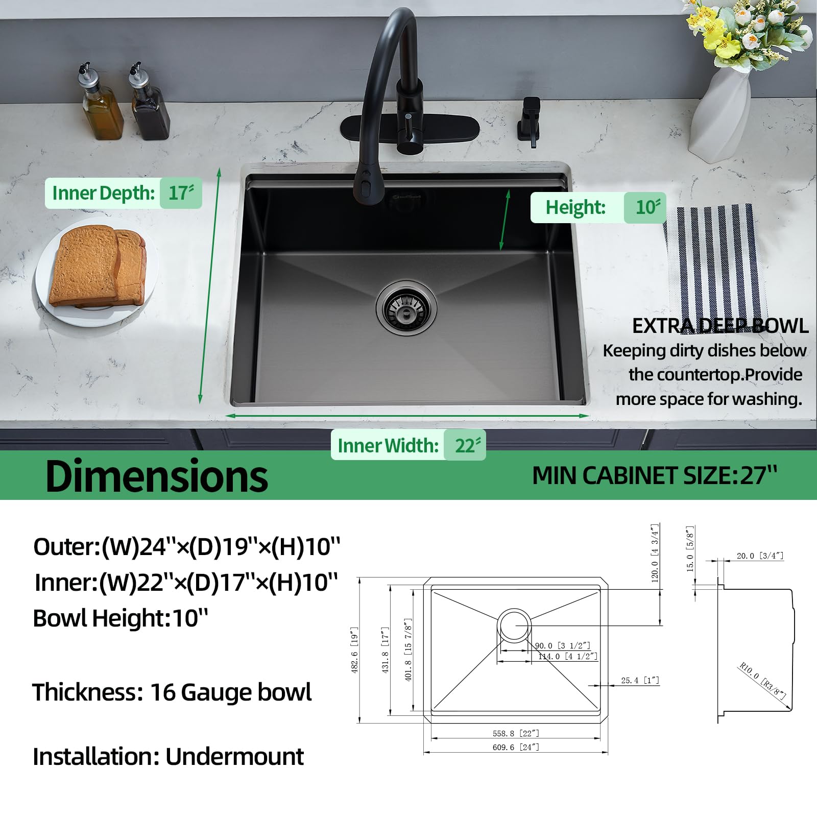 EcoChannels Undermount Kitchen Sink, 24 x 19 Inch Sink Kitchen 16 Gauge Stainless Steel Kitchen Sinks Gunmetal Black Single Bowl Workstation Sink with Cutting Board