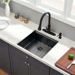 EcoChannels Undermount Kitchen Sink, 24 x 19 Inch Sink Kitchen 16 Gauge Stainless Steel Kitchen Sinks Gunmetal Black Single Bowl Workstation Sink with Cutting Board