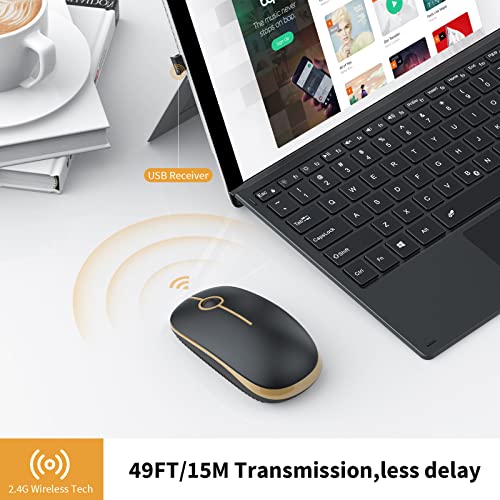 Silent Wireless Mouse, 2.4G Slim Travel Mouse with USB Receiver, Quiet Click Protable Computer Mice for Laptop PC Mac, Comfortable Texture, Black & Gold