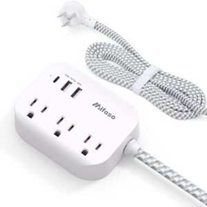 cruise essentials - flat plug power strip with 3 outlets 3 usb ports(1 usb c poiwer delivery 20w), 5ft braided extension cord, compact for cruise ship, travel, home and dorm