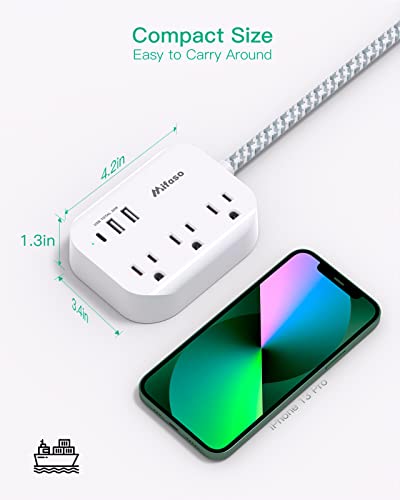 Cruise Essentials - Flat Plug Power Strip with 3 Outlets 3 USB Ports(1 USB C Poiwer Delivery 20W), 5ft Braided Extension Cord, Compact for Cruise Ship, Travel, Home and Dorm