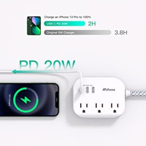 Cruise Essentials - Flat Plug Power Strip with 3 Outlets 3 USB Ports(1 USB C Poiwer Delivery 20W), 5ft Braided Extension Cord, Compact for Cruise Ship, Travel, Home and Dorm