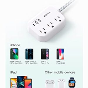 Cruise Essentials - Flat Plug Power Strip with 3 Outlets 3 USB Ports(1 USB C Poiwer Delivery 20W), 5ft Braided Extension Cord, Compact for Cruise Ship, Travel, Home and Dorm