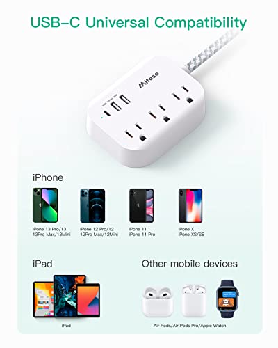 Cruise Essentials - Flat Plug Power Strip with 3 Outlets 3 USB Ports(1 USB C Poiwer Delivery 20W), 5ft Braided Extension Cord, Compact for Cruise Ship, Travel, Home and Dorm