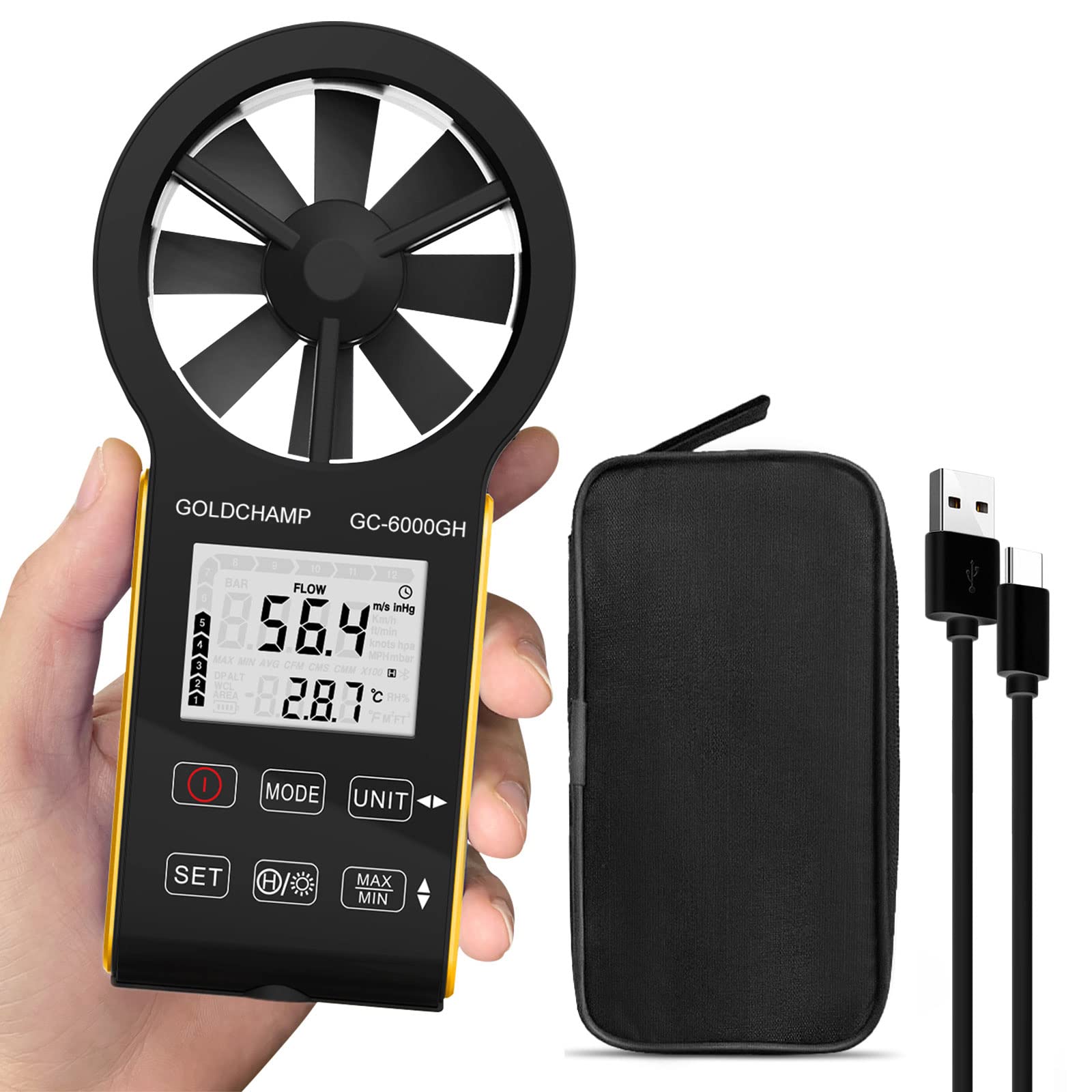 GOLDCHAMP Digital Anemometer, CFM Rechargeable & Waterproof Anemometer Measures Wind Speed(0.3~30m/s), Air Volume(0-999900 ft3/min) with Touch Screen, Backlight Display for HVAC, Shooting, Drone