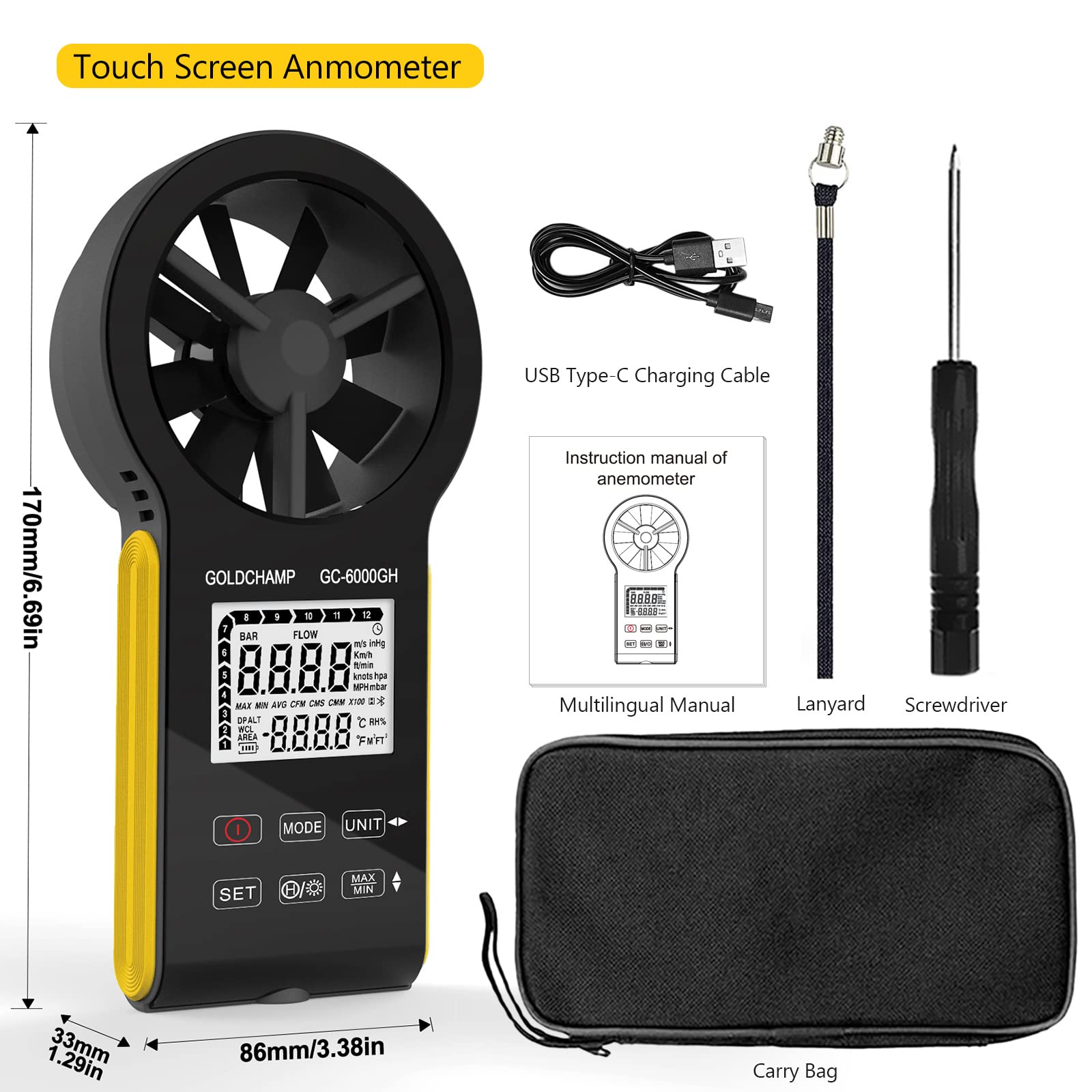 GOLDCHAMP Digital Anemometer, CFM Rechargeable & Waterproof Anemometer Measures Wind Speed(0.3~30m/s), Air Volume(0-999900 ft3/min) with Touch Screen, Backlight Display for HVAC, Shooting, Drone