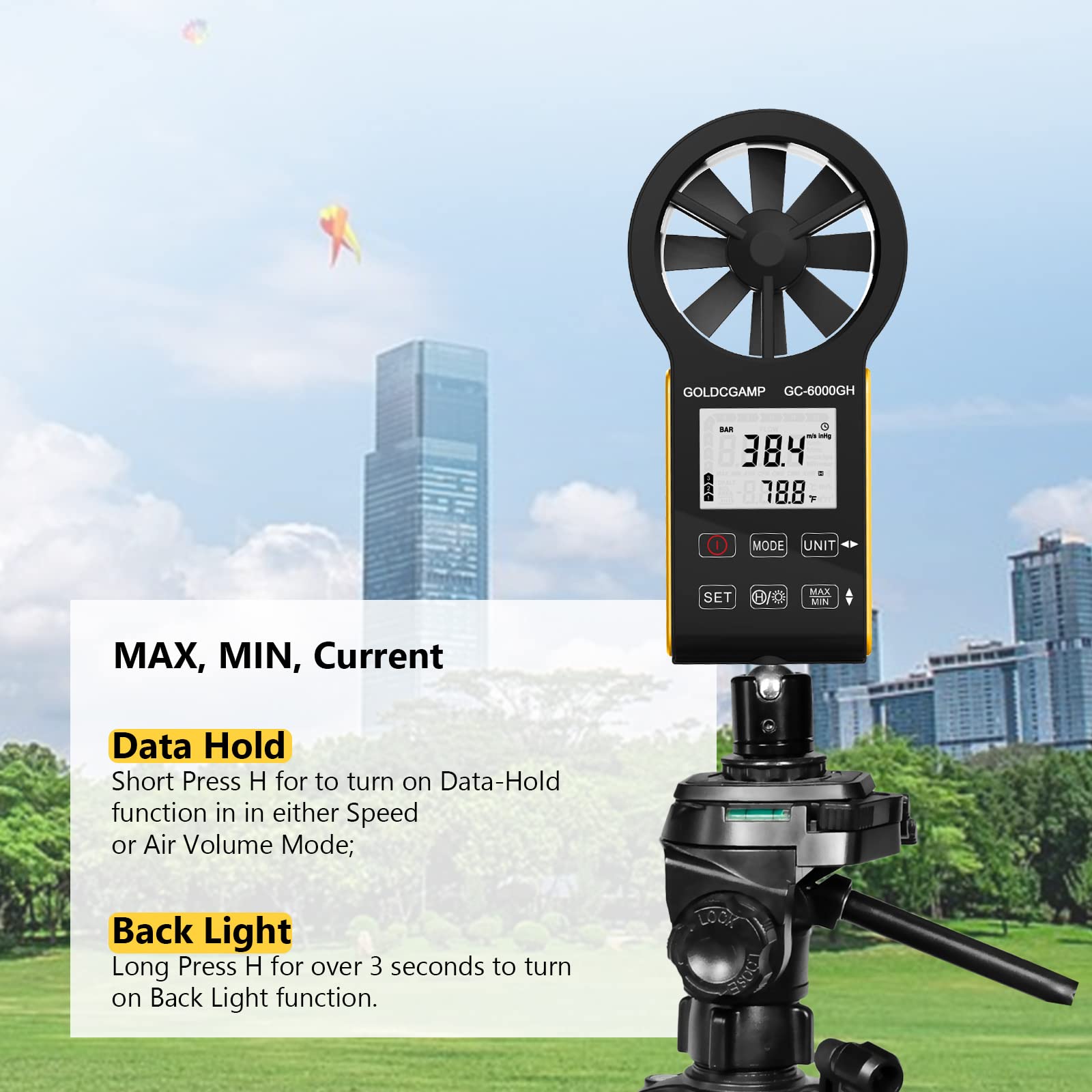 GOLDCHAMP Digital Anemometer, CFM Rechargeable & Waterproof Anemometer Measures Wind Speed(0.3~30m/s), Air Volume(0-999900 ft3/min) with Touch Screen, Backlight Display for HVAC, Shooting, Drone