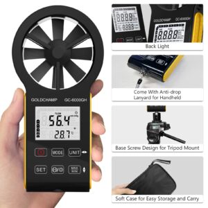 GOLDCHAMP Digital Anemometer, CFM Rechargeable & Waterproof Anemometer Measures Wind Speed(0.3~30m/s), Air Volume(0-999900 ft3/min) with Touch Screen, Backlight Display for HVAC, Shooting, Drone