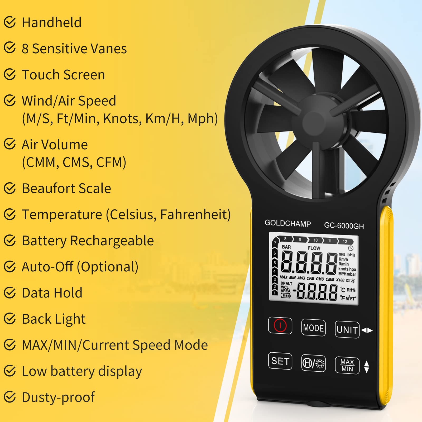 GOLDCHAMP Digital Anemometer, CFM Rechargeable & Waterproof Anemometer Measures Wind Speed(0.3~30m/s), Air Volume(0-999900 ft3/min) with Touch Screen, Backlight Display for HVAC, Shooting, Drone