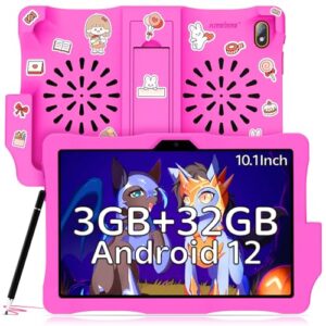 10.1 inch kids tablet,android 12 tablet for kids with parent control,1280x800 hd ips,3gb+32gb,6000mah dual camera wifi bluetooth tablet,children tablet with shock-proof case youtube netflix(pink)