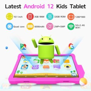 10.1 Inch Kids Tablet,Android 12 Tablet for Kids with Parent Control,1280x800 HD IPS,3GB+32GB,6000mAh Dual Camera WiFi Bluetooth Tablet,Children Tablet with Shock-Proof Case YouTube Netflix(Pink)