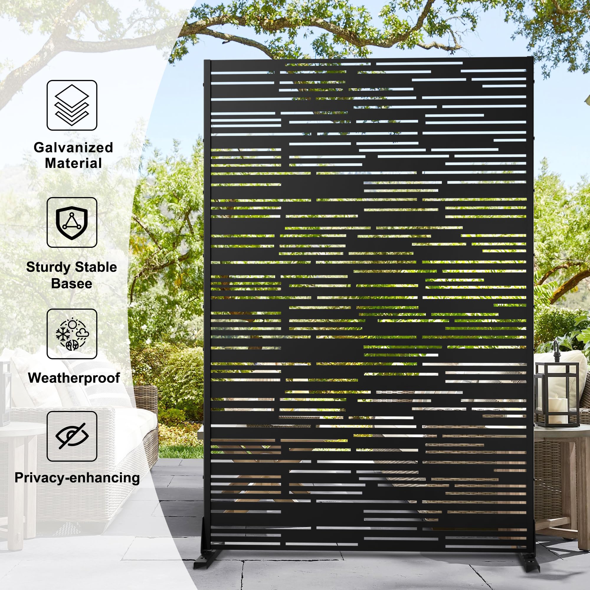 Elevens Metal Outdoor Privacy Screen, Freestanding Outdoor Divider Decorative Privacy Fence Screen,Outdoor Decorative Privacy Screens & Panels, 72" H×47" W (Black-Lines)