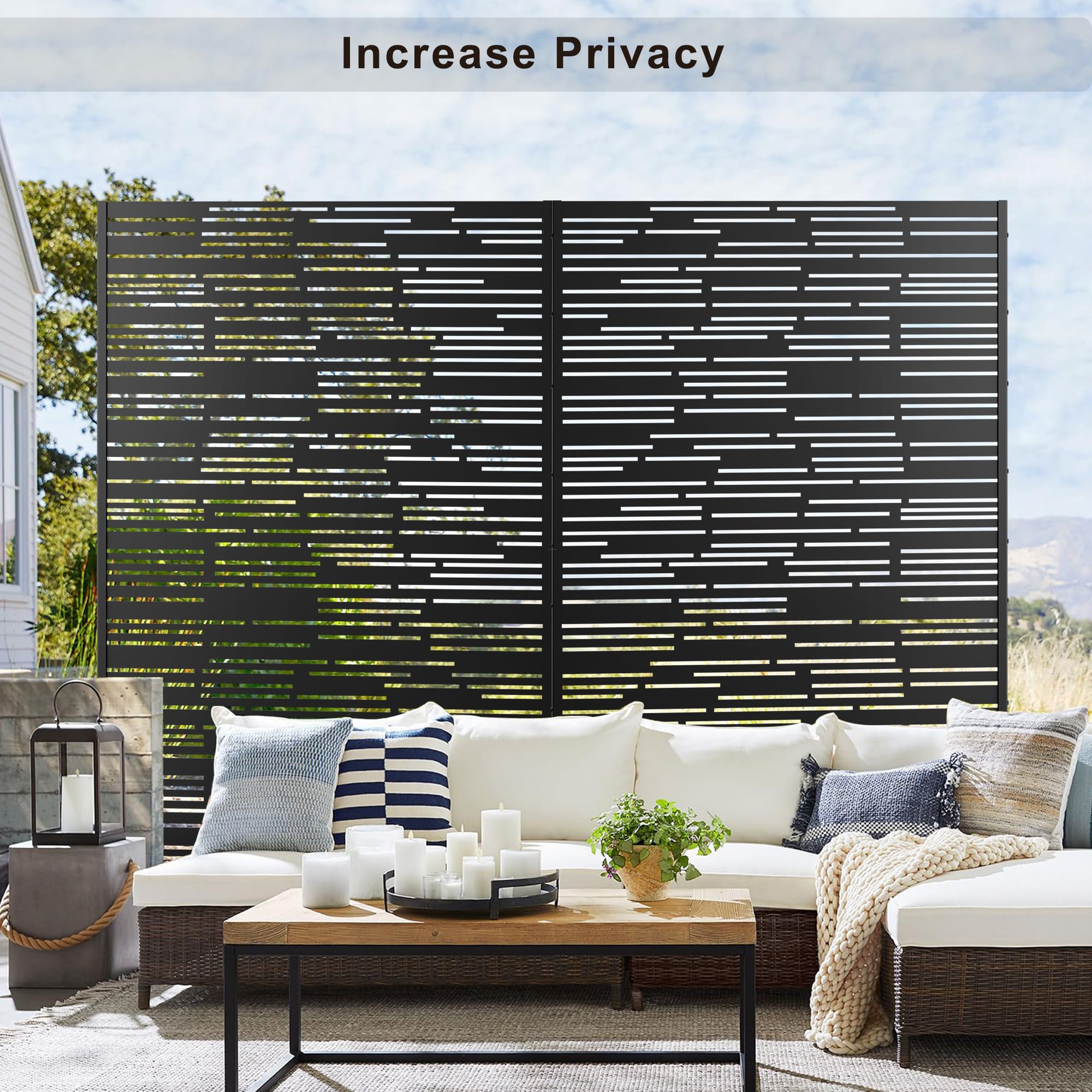 Elevens Metal Outdoor Privacy Screen, Freestanding Outdoor Divider Decorative Privacy Fence Screen,Outdoor Decorative Privacy Screens & Panels, 72" H×47" W (Black-Lines)