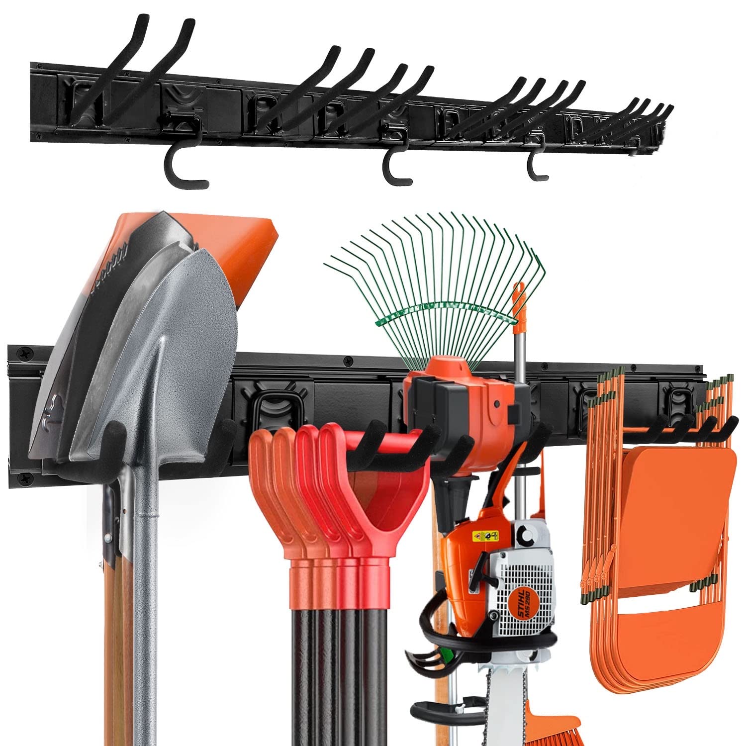 Garden Tool Rack Set, Garage Wall Organization Hanger with 3 Mop Holder and 6 Multi-Purpose Hooks, Garden Yard Shovels Rakes for String Hedge Trimmer Brooms Hoses Folding Chairs ladders, and More