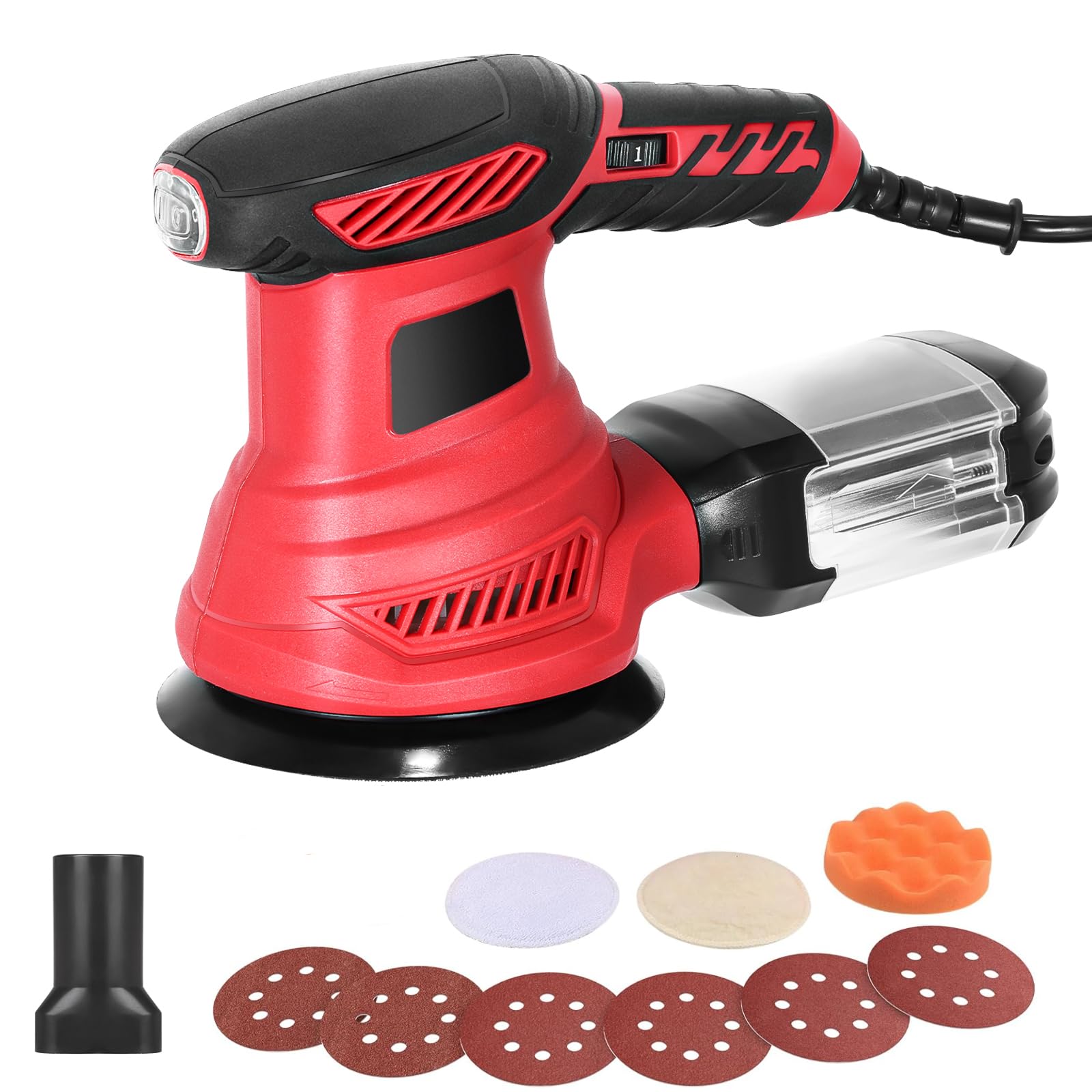 Orbital Sander, 300W Power Random Orbital Sanders with Dust Box 6 Variable Speed 6000-13000 RPM 20Pcs Sandpaper Electric Sanders for Woodworking